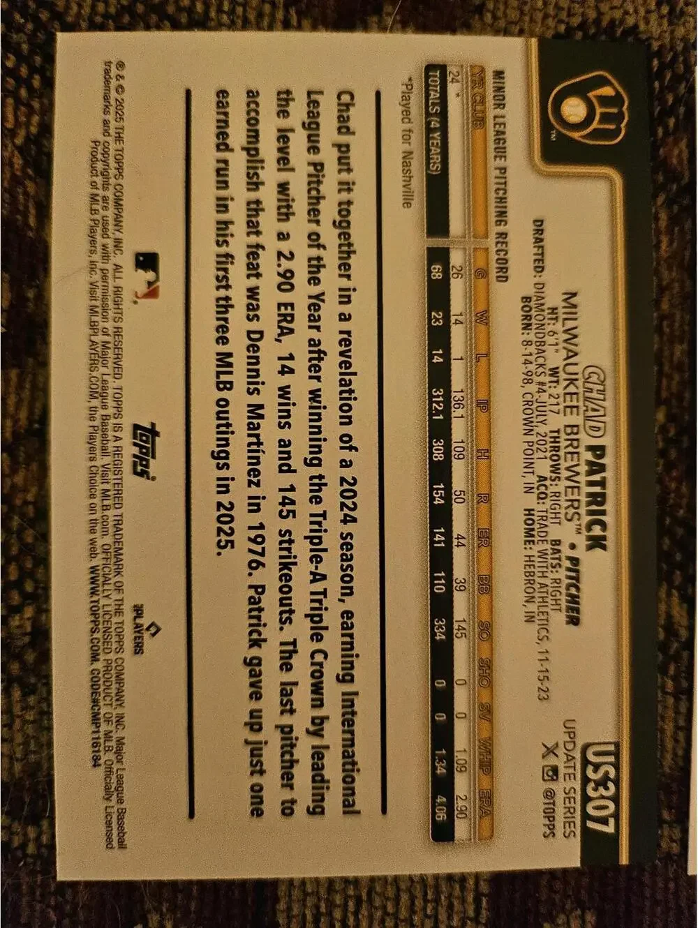 2025 Topps Update - Chad Patrick - RC  #USC307 - Brewers - RAW Mint - Picture 2 of 2